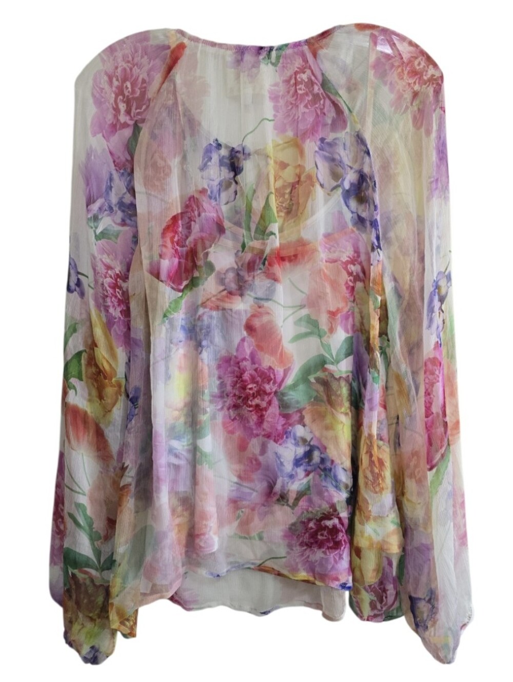 Johnny Was Jade Glinda Silk Peasant Blouse XL Watercolor Floral Sheer With Liner - Picture 8 of 9